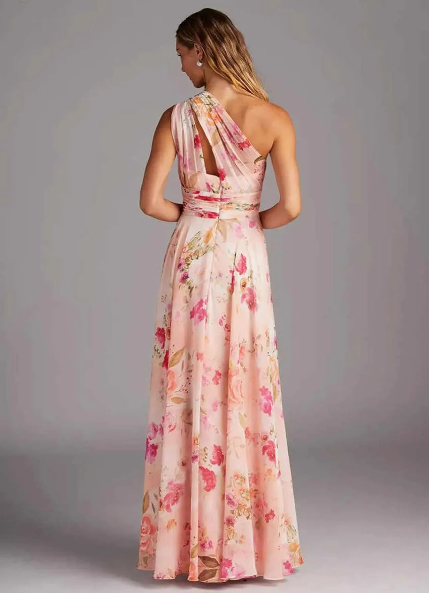Chic One Shoulder Prom Dress – Pink Printed A-Line Evening Gown for Women