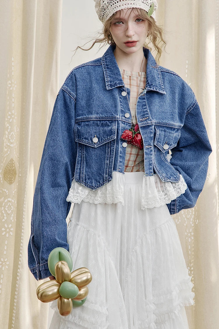 Women’s Vintage Y2K Lace Stitch Short Denim Jacket – ELFSACK Spring Edit