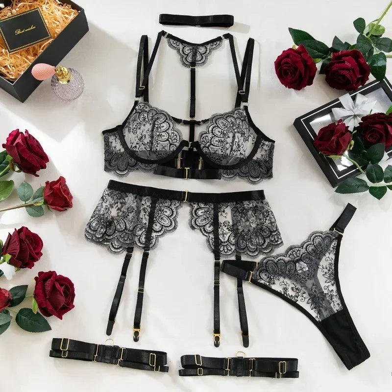 Luxury Embroidery Lingerie Set – 5-Piece Mesh Patchwork Halter Bra & Garters for Women