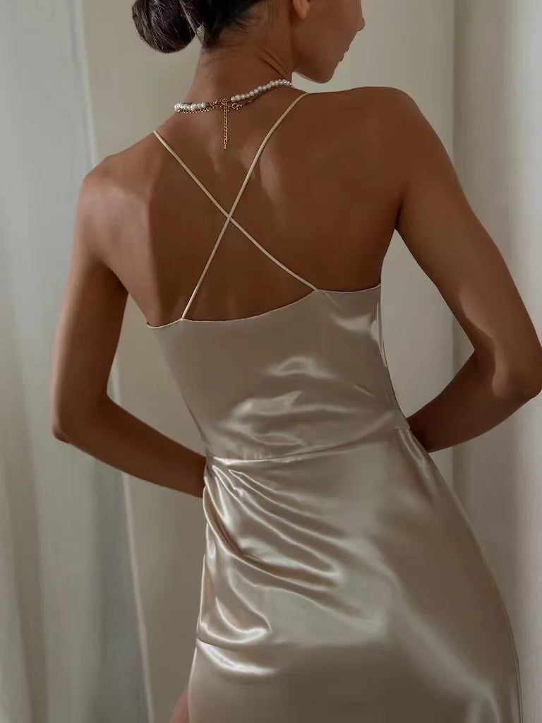High Split Satin Dress – Sexy Camisole Formal Gown for Weddings & Events