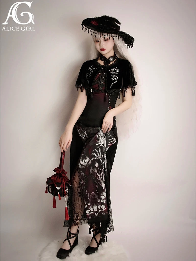Original Alice Girl Dragon Print Dress – Light Lolita Gothic Punk Slip Dress