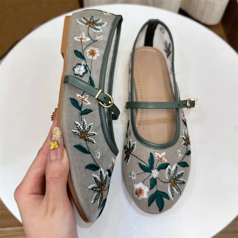 Elegant Round Toe Buckle Strap Mesh Flats – ZAROY Designer Women’s Footwear