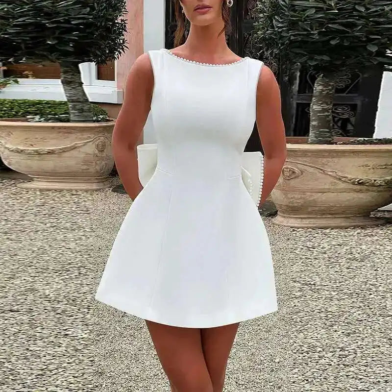 Sexy Backless Pearl Bow Dress – Townlike Women’s A-Line Mini Dress