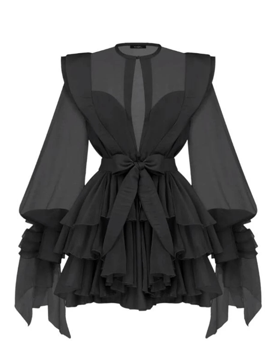High Waist Solid Spliced Dress with Lace-Up Detail