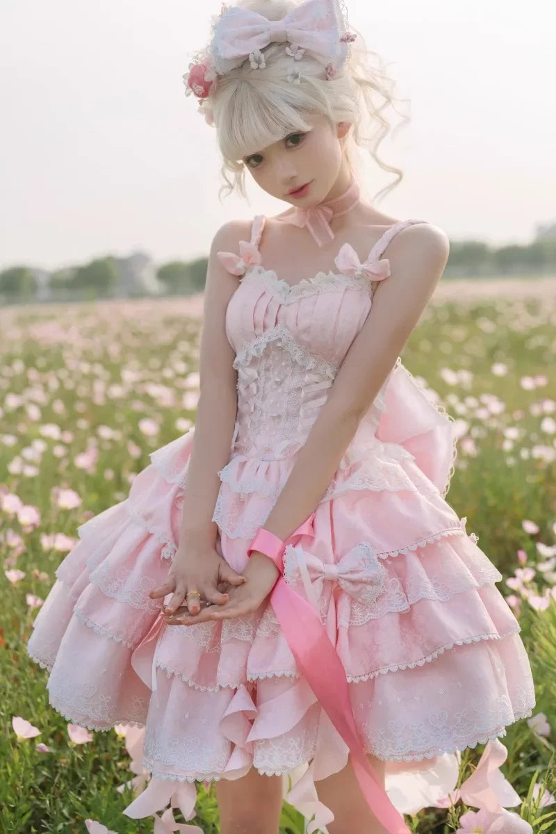 Sweet Lolita Suspender Dress – Short Flower JSK for Weddings & Special Occasions