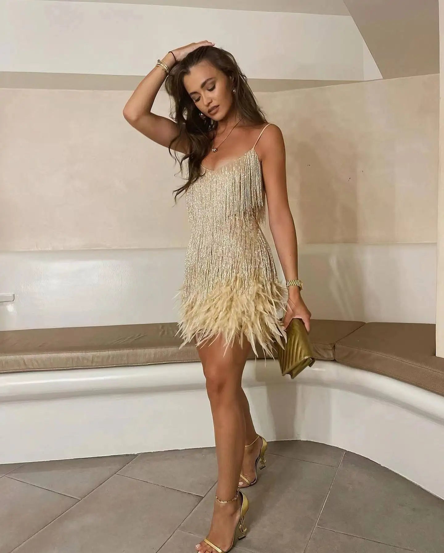 Feather Trim Sparkle Mini Dress – Club & Prom Edition