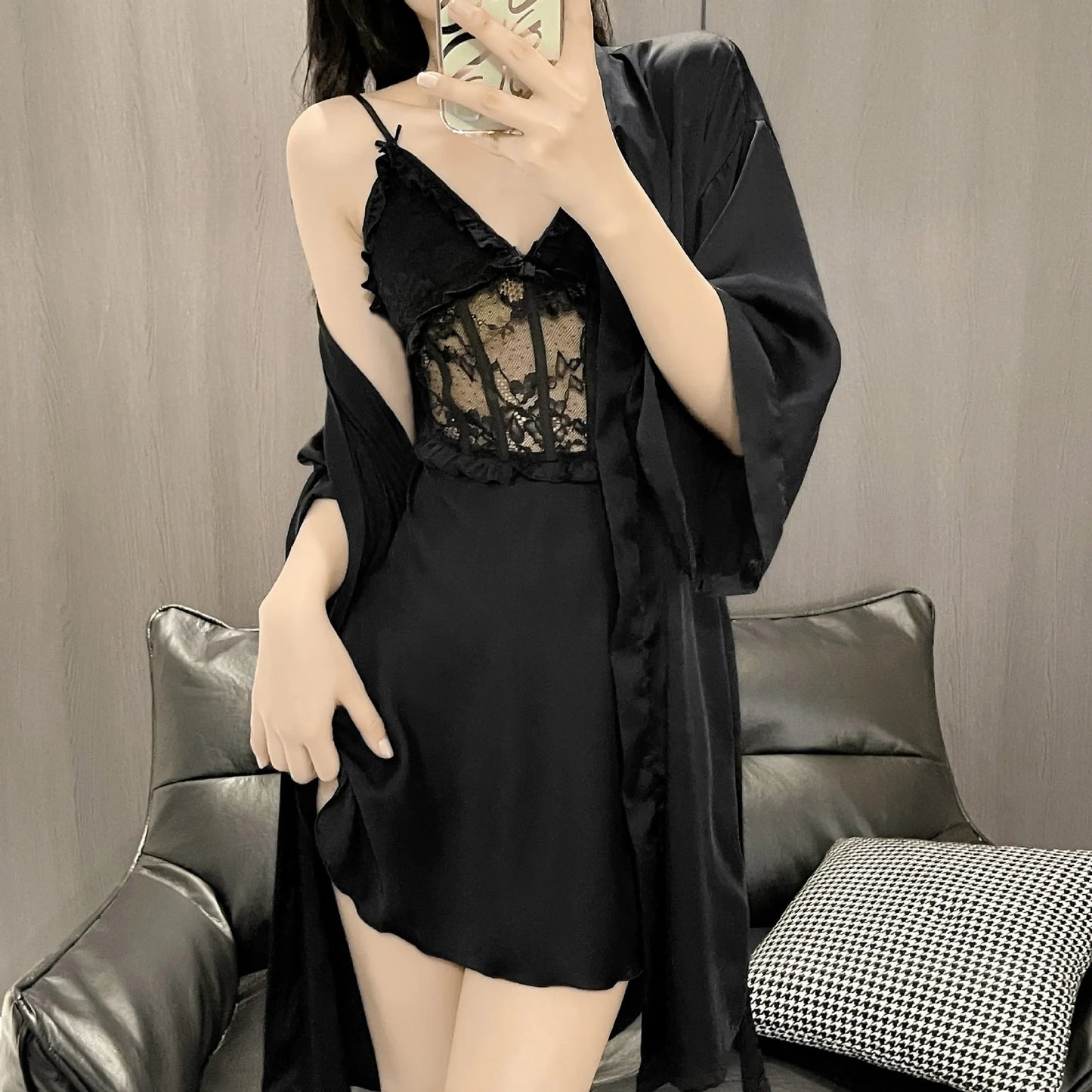 Elegant Women’s Satin Nightgown & Robe Set – Deep V Lace Homewear Suit