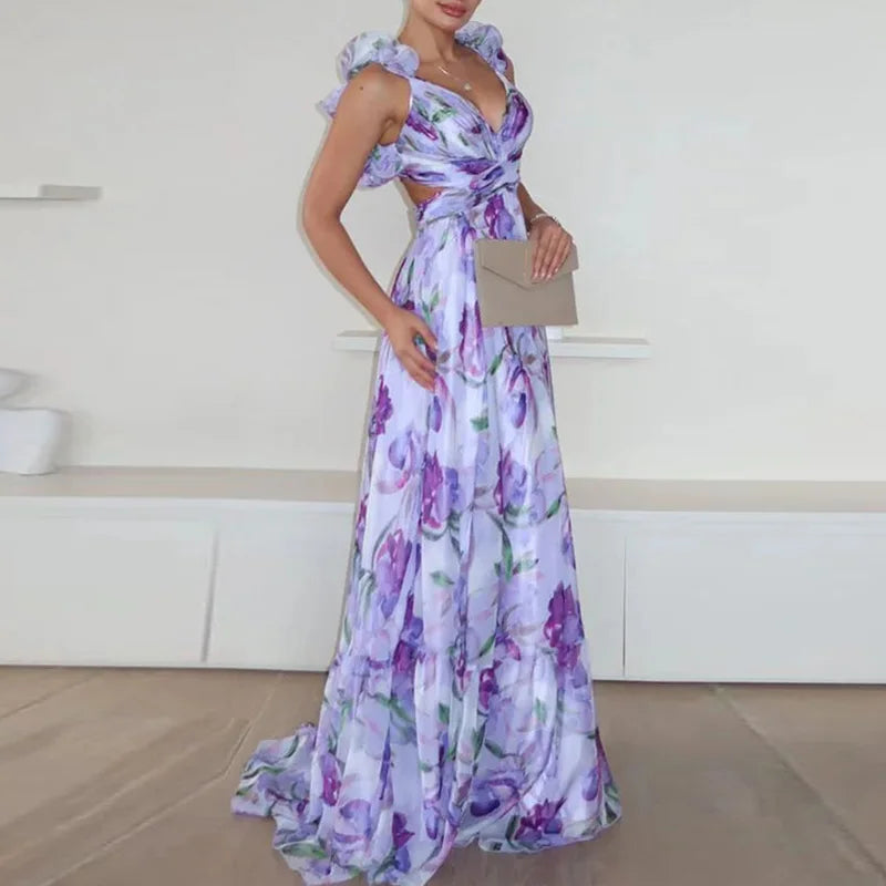Floral Chiffon Ruffle Swing Dress – Sexy V-Neck Hollow Backless Summer Dress for Women