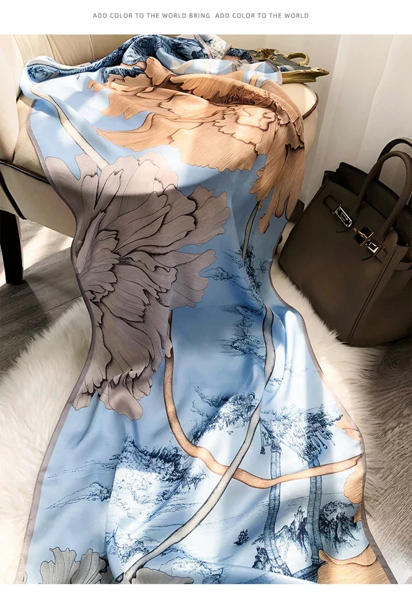 Luxury Printed Pure Silk Scarf – Long Designer Wrap & Shawl for Women