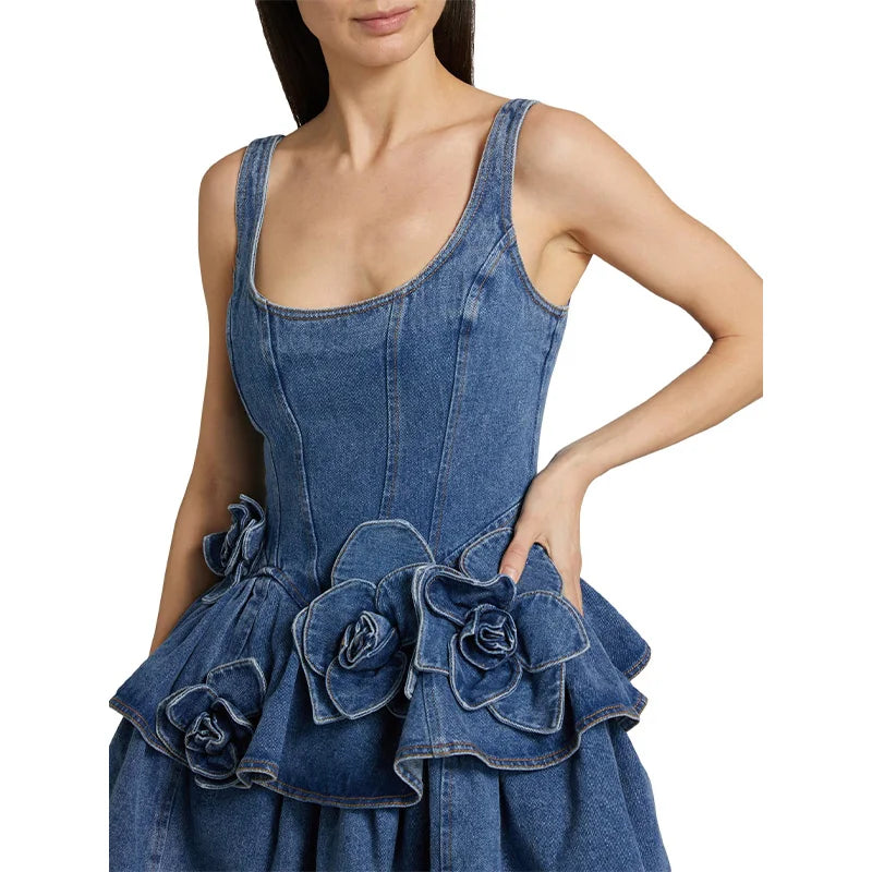 Y2K Party-Ready Floral Denim Dress – Mini Halter High Street Look