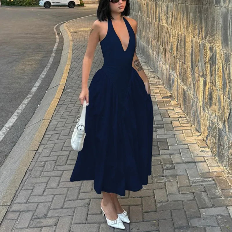Talenza Summer Sleeveless Halter Dress – Elegant White Evening Gown