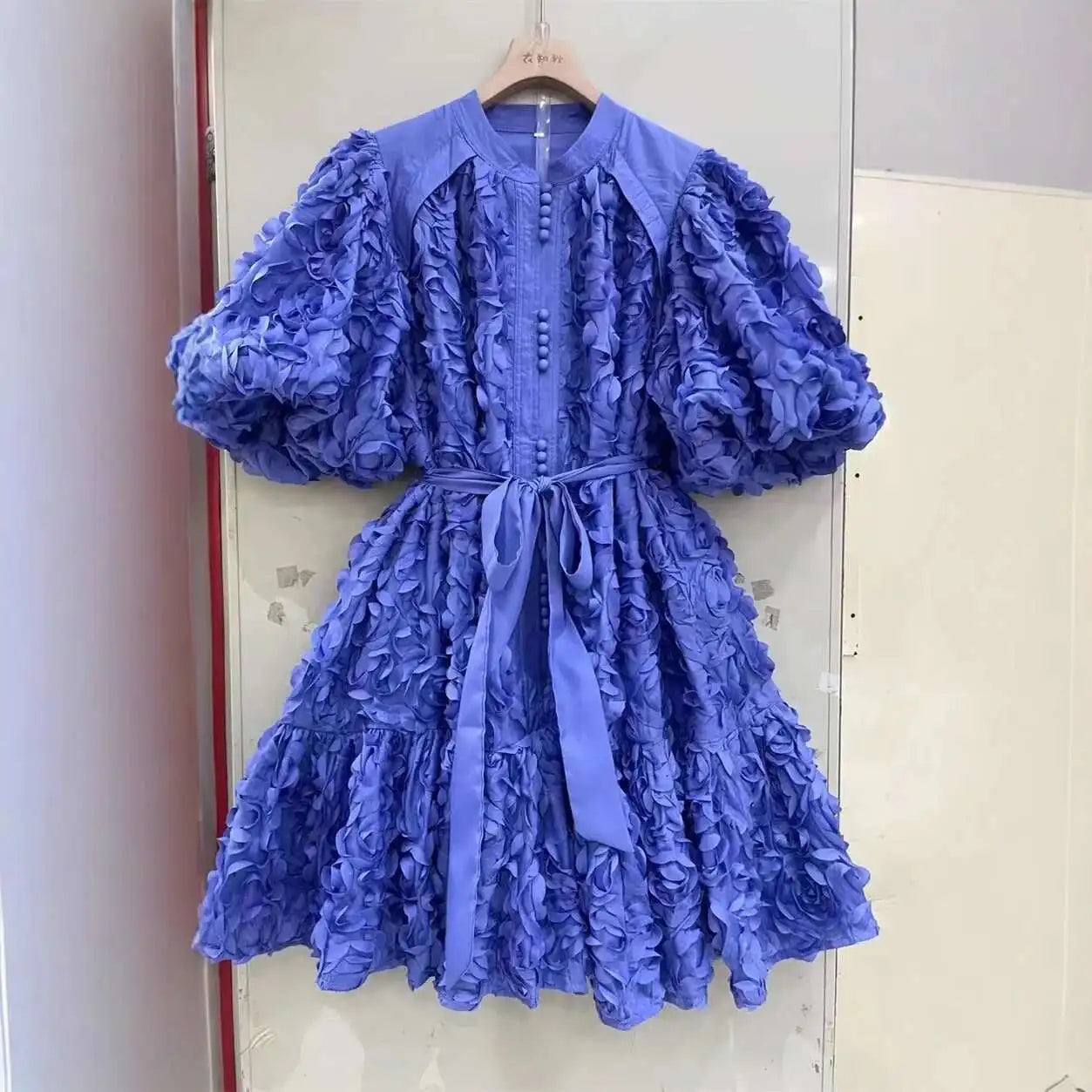 Blooming Grace – 3D Floral Bubble Sleeve Evening Dress