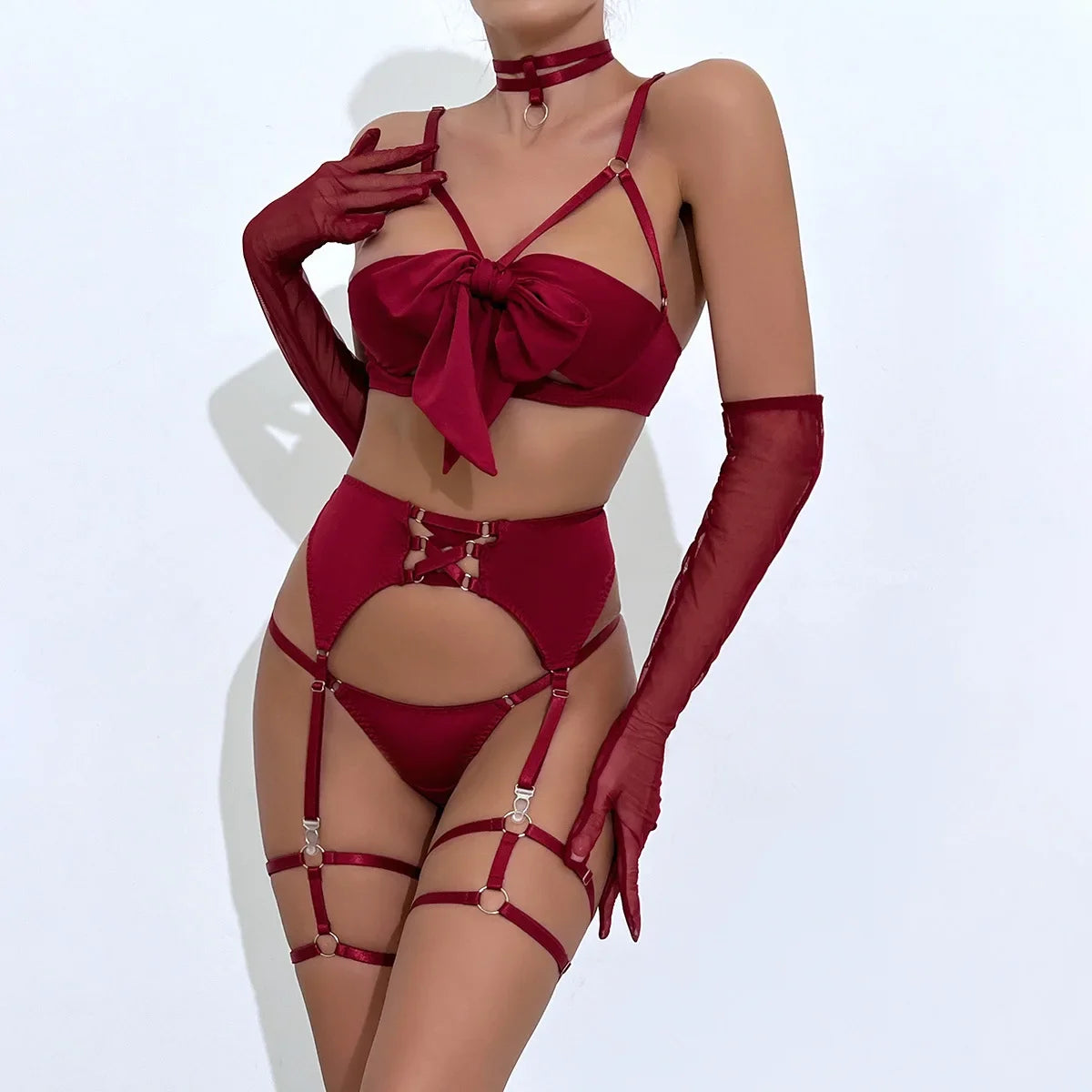 Seductive Black Lingerie Set – Erotic Bra, Belt & Hollowed Out 4-Piece Underwear