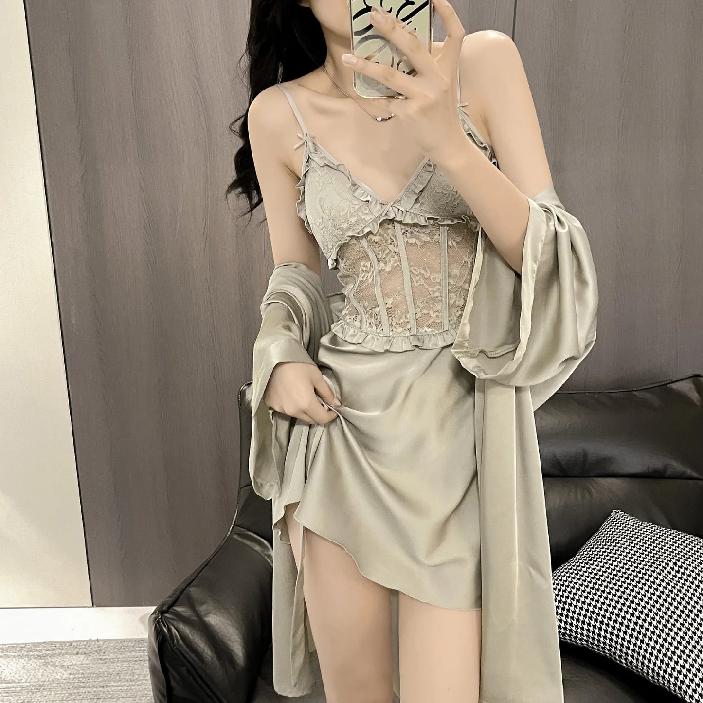 Elegant Women’s Satin Nightgown & Robe Set – Deep V Lace Homewear Suit