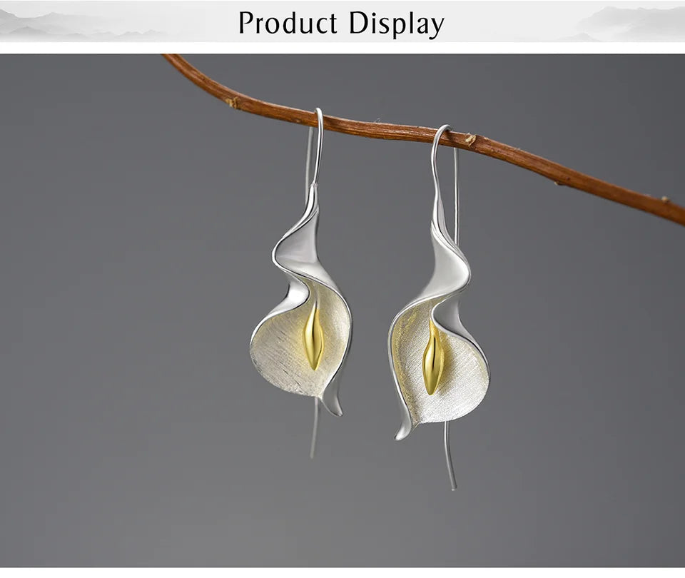 Elegant Calla Lily Earrings – Long Hanging 18K Gold & Silver Floral Jewelry