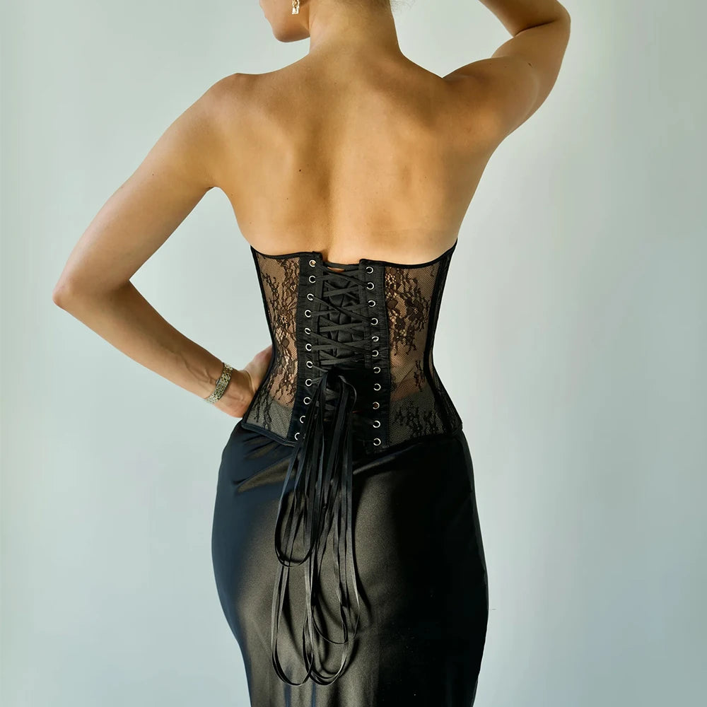 Sexy Mesh Strapless Bustier – Steel Boned Lace Corset Top in Black, White & Beige