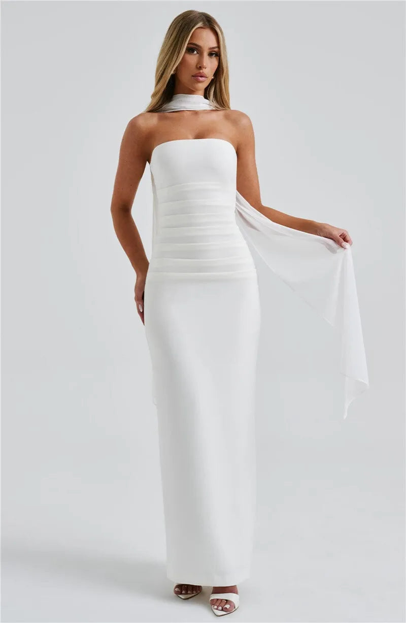 Sexy Strapless Scarf-Neck Maxi Dress for Women – Night Out Essential