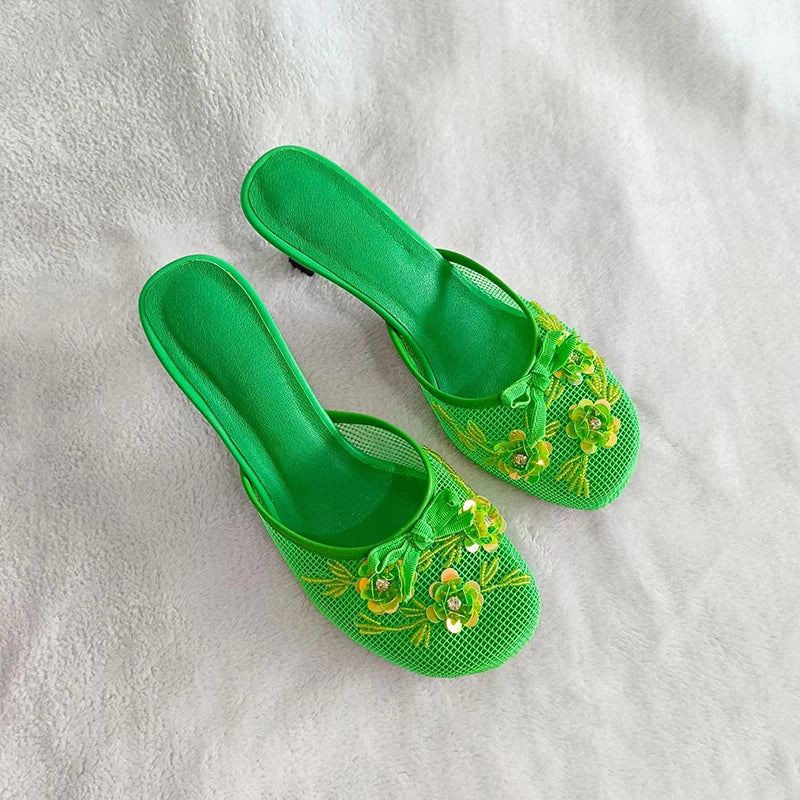 Sexy Thin Heel Flower Mesh Sandals – Summer Statement Slides for Women