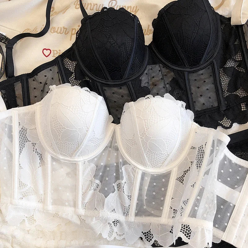 Black Mesh Dot Lace Underwear – 2-Piece Push Up Bra & Panty Set