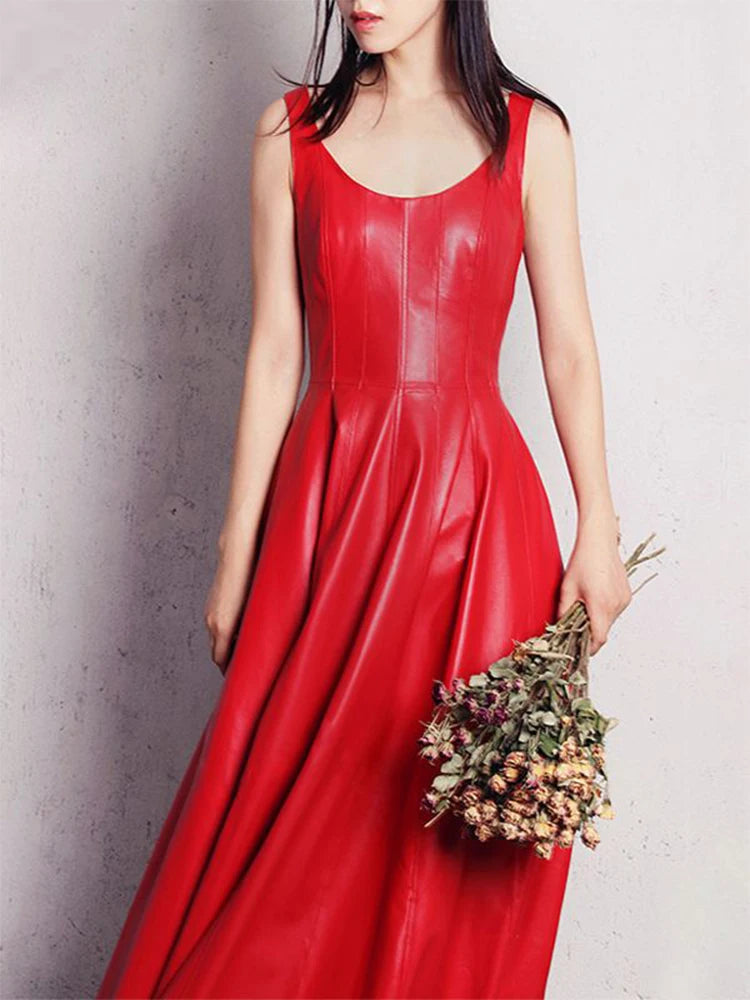 Women’s Luxury Faux Leather Maxi Dress – Lautaro Elegant Fit & Flare Retro Style
