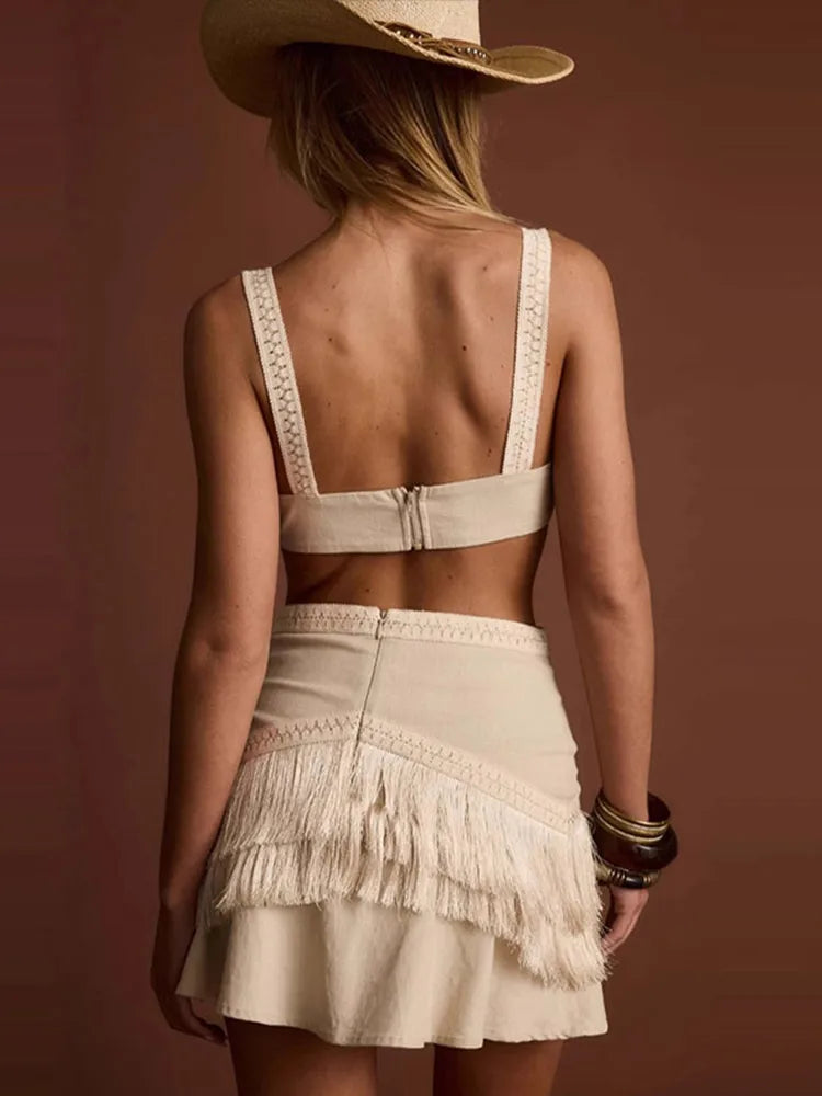 Sexy Summer Mini Dress – Backless Hollow V-Neck Tassel Dress