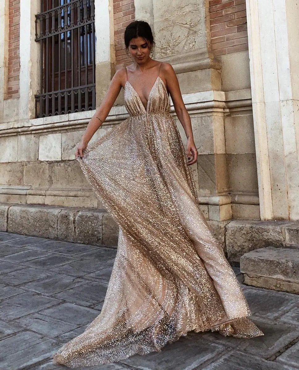 Shimmering V-Neck Sequin Maxi Dress – Elegant Suspender Party Dress