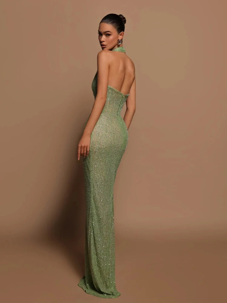 Glamour Green Sequin Halter Maxi Dress – Deep V Celebrity Gown