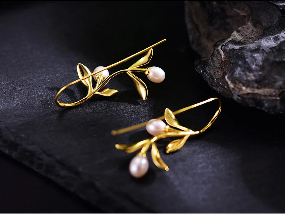 925 Silver Olive Leaves Pearl Drop Earrings – Nature-Inspired Jewelry