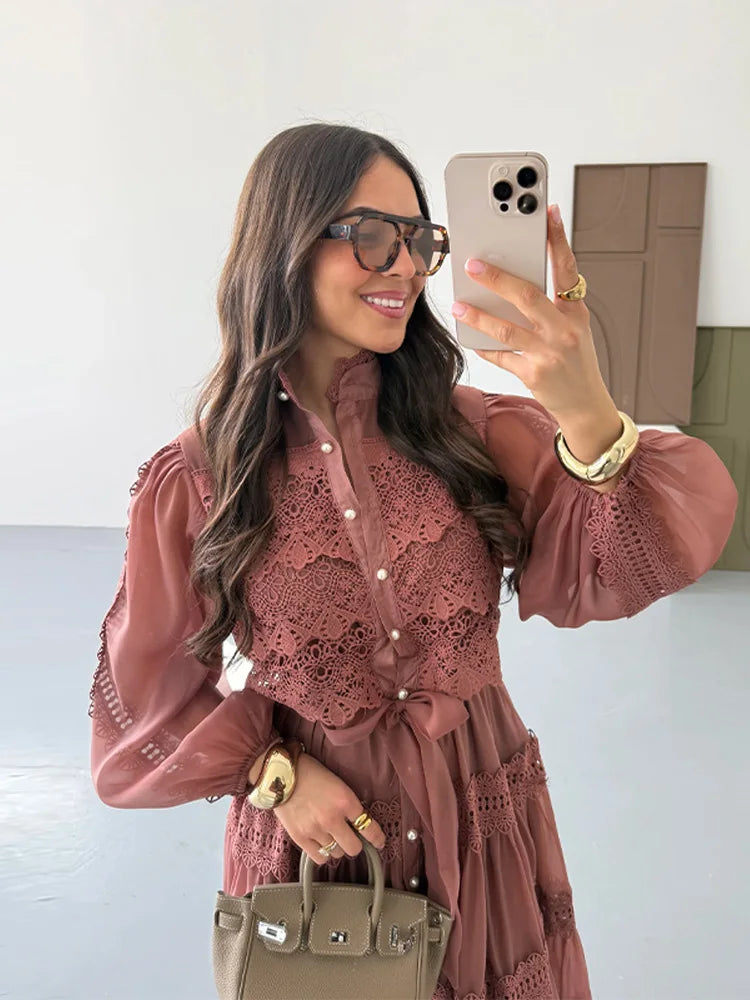 Elegant Hollow Out Floral Maxi Dress with Lantern Sleeves