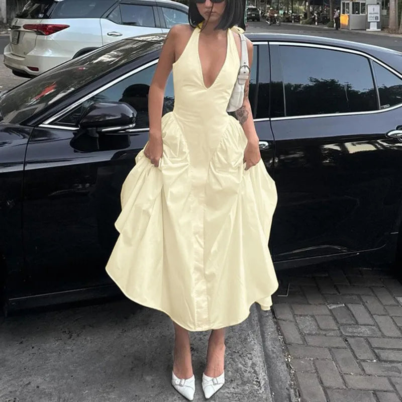 Talenza Summer Sleeveless Halter Dress – Elegant White Evening Gown