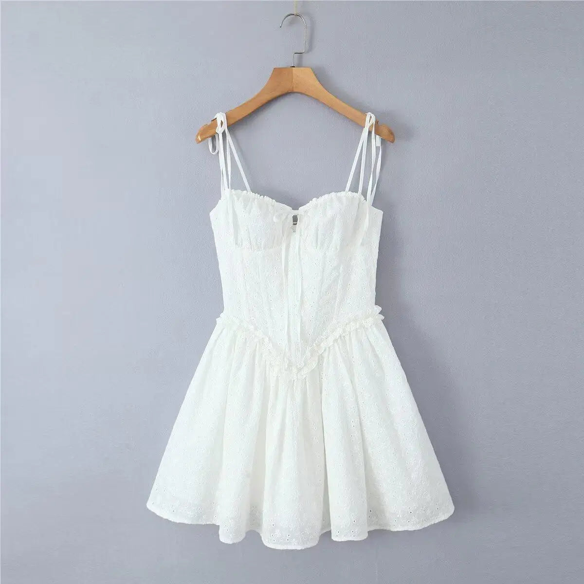 Women's 2025 Sexy Lace Up Mini Dress – White Embroidered Bodycon with Fish Bone Support