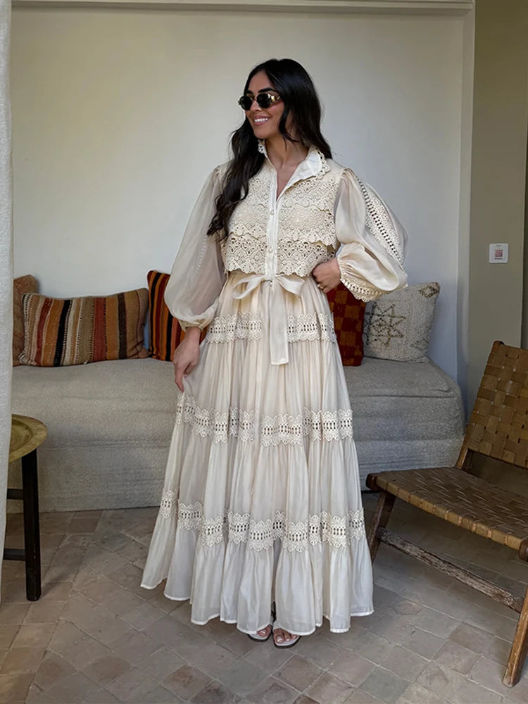 Elegant Hollow Out Floral Maxi Dress with Lantern Sleeves
