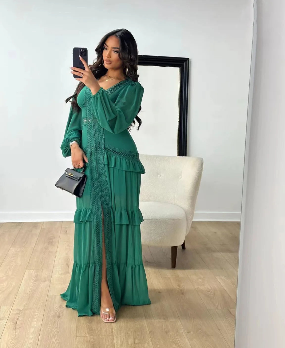 Elegant Ruffle Hollow-Out Maxi Dress – Summer Party Chic