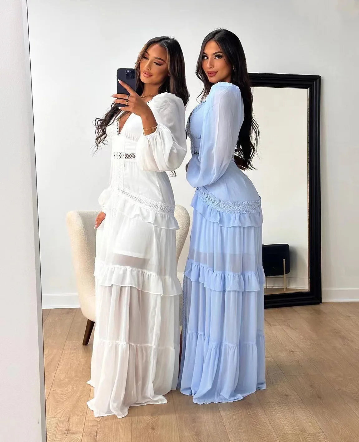 Elegant Ruffle Hollow-Out Maxi Dress – Summer Party Chic