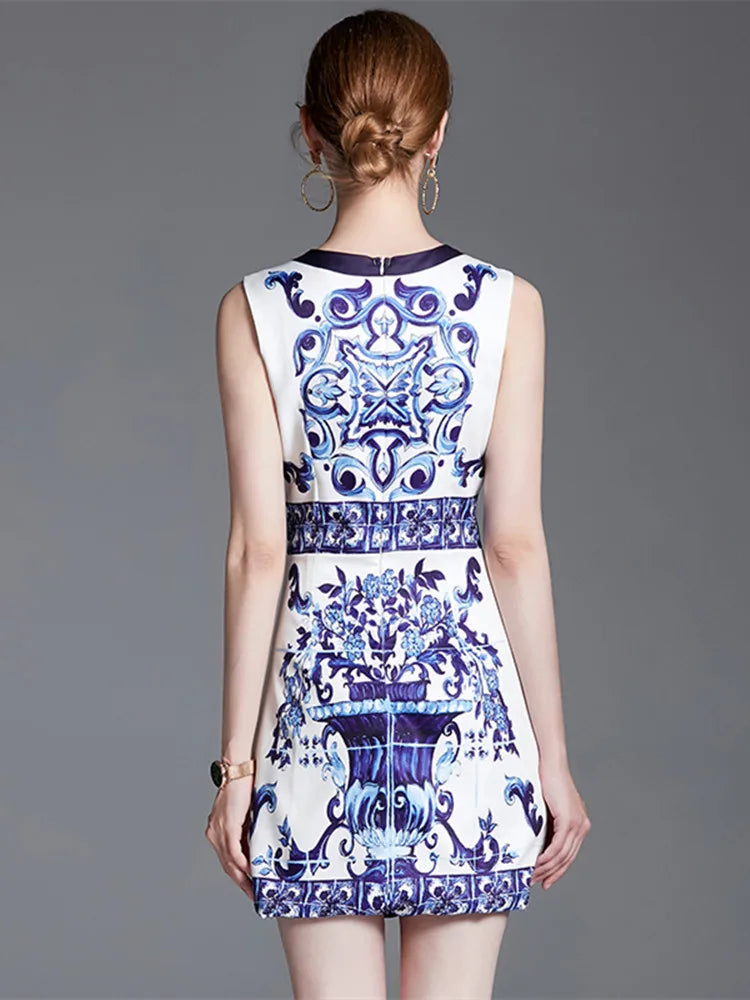 Runway-Inspired Blue & White Floral Sleeveless Holiday Mini Dress