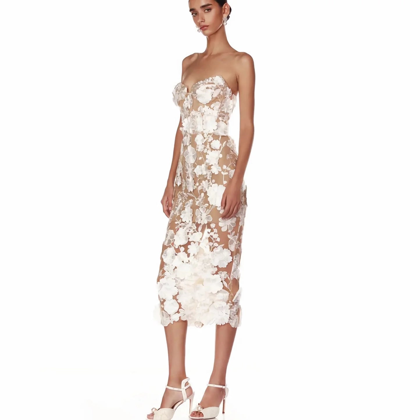 Glamorous Slim Fit Party Dress – Long Floral Embroidered Lace Dress for Women