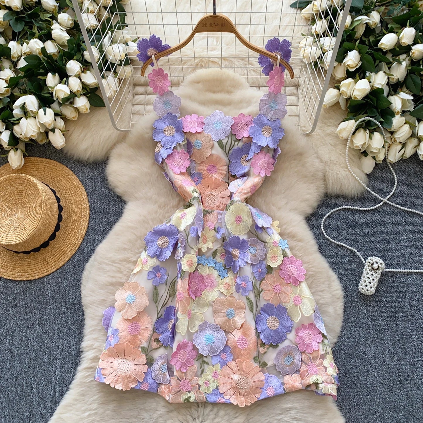 Zipper Back 3D Flower Embroidered Short Dress – Chic Sleeveless Look