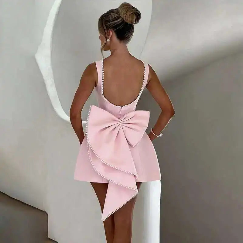 Sexy Backless Pearl Bow Dress – Townlike Women’s A-Line Mini Dress