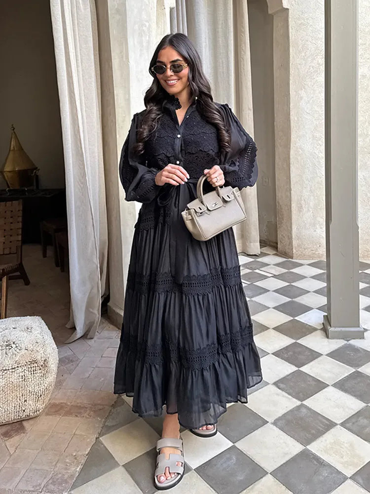 Elegant Hollow Out Floral Maxi Dress with Lantern Sleeves