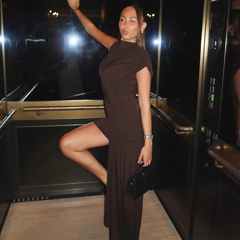 High Waist Ruched Mini Dress – Turtleneck Sleeveless Party Look