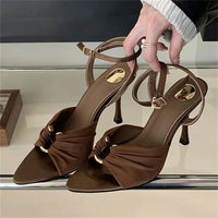 Aneikeh Elegant Pointed Toe High Heel Mules – Pleated Design Sandals