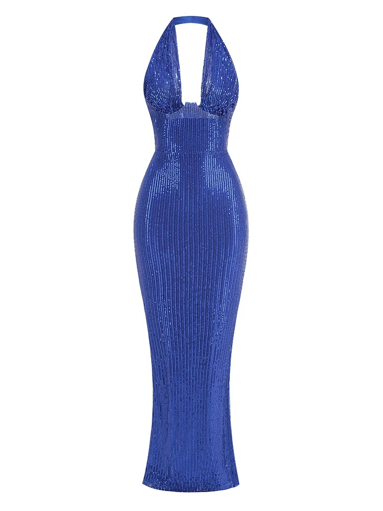 Glamour Green Sequin Halter Maxi Dress – Deep V Celebrity Gown