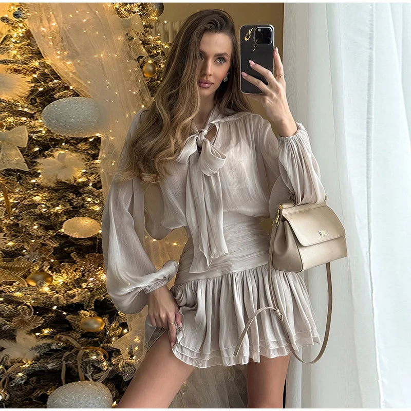 Women's Elegant Two-Piece Outfit – Lace-Up Blouse & Flowy Pleated Skirt