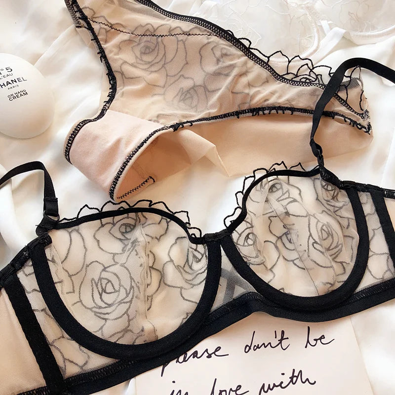 Rose Embroidery Plus Size Lingerie – Anti-Sagging Soft Steel Ring Bra Set for Women