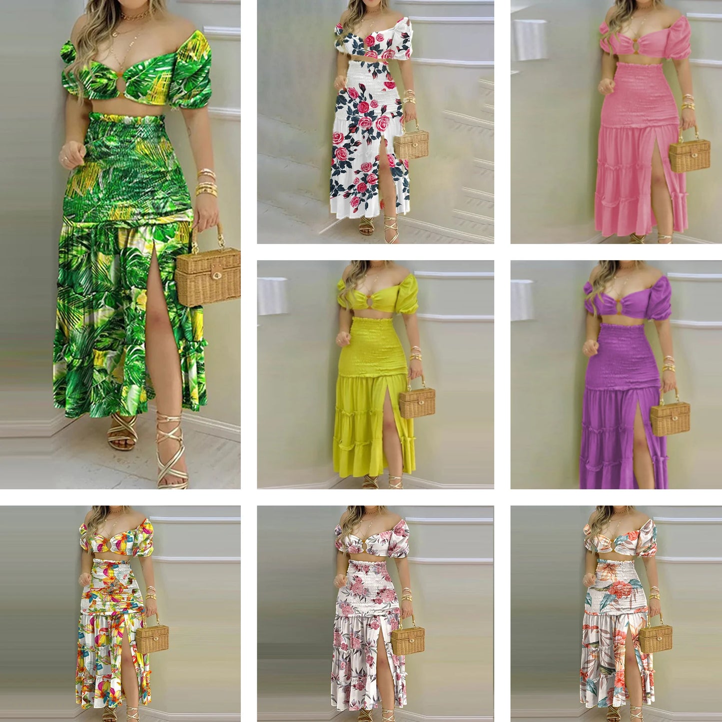Elegant Floral Print Suit – High Waist Comfortable Dress with Slit for Women