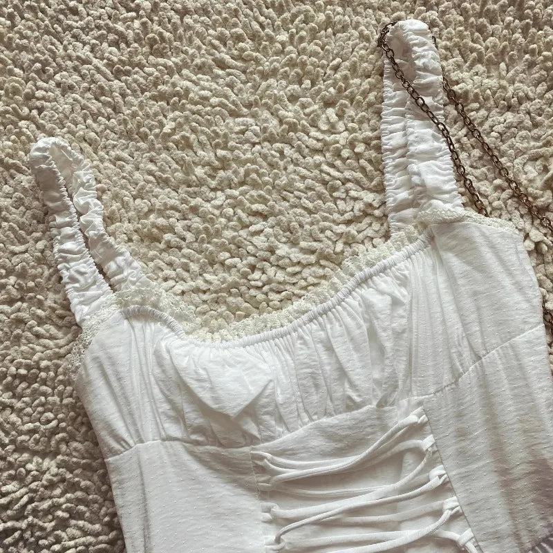 Boho-Inspired White Corset Midi Dress – Lace-Up Elegance for Summer Days