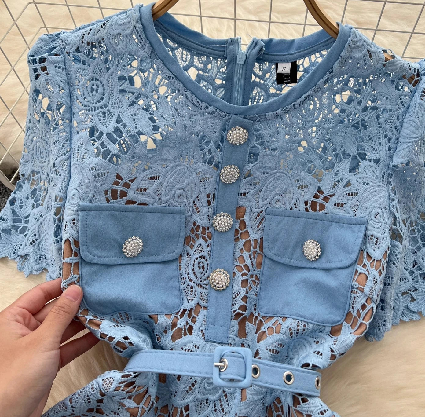 Elegant Street Style: Blue Lace Hollow Out Bodycon Dress with Belt