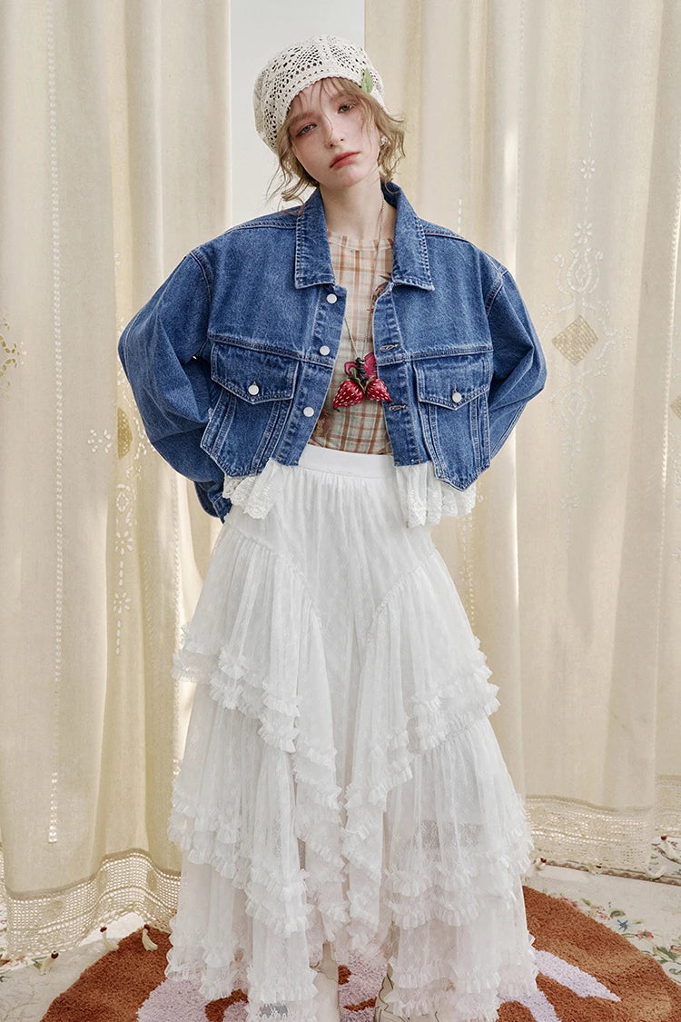Women’s Vintage Y2K Lace Stitch Short Denim Jacket – ELFSACK Spring Edit