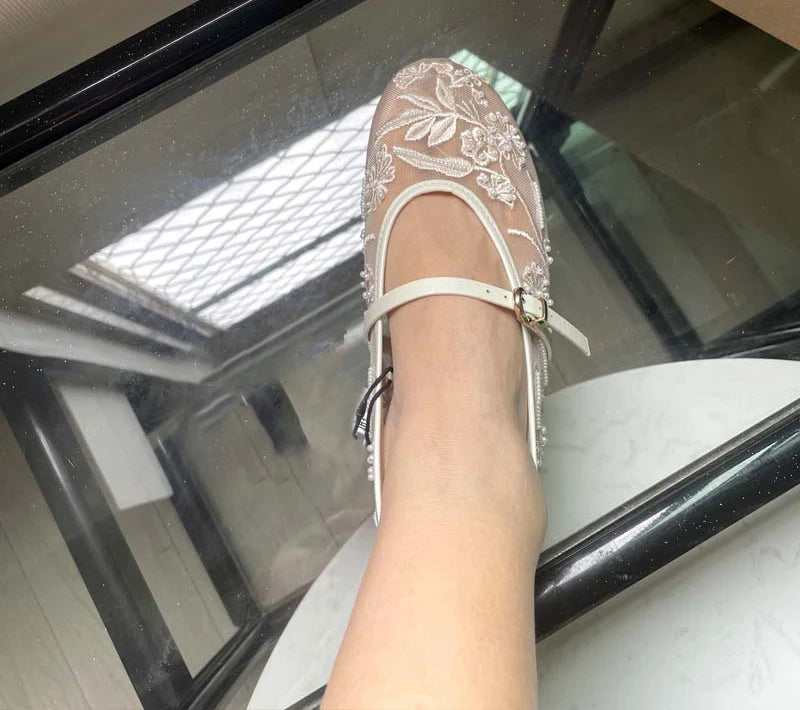 Elegant Round Toe Buckle Strap Mesh Flats – ZAROY Designer Women’s Footwear