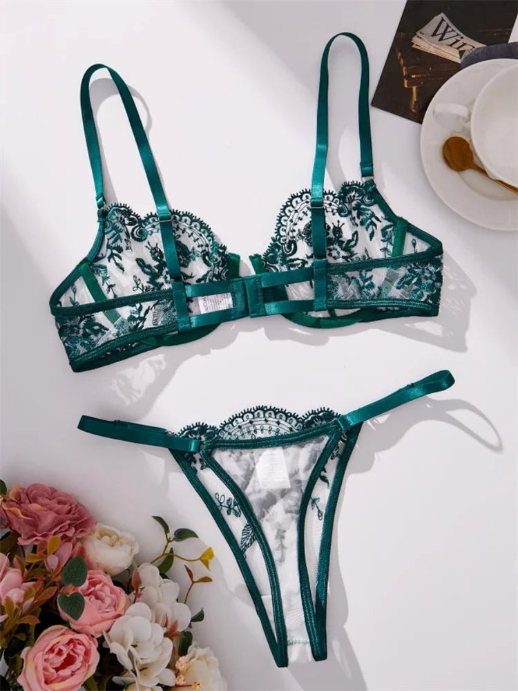 Ultra-Sexy Transparent Lace Lingerie for Women – 2PC Embroidered Set